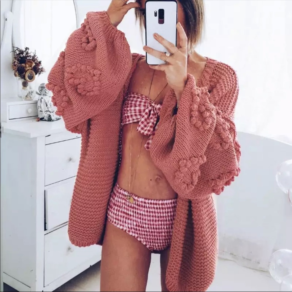 Heart pom pom knit lantern sleeve cardigan sweater - Picture 2 of 7
